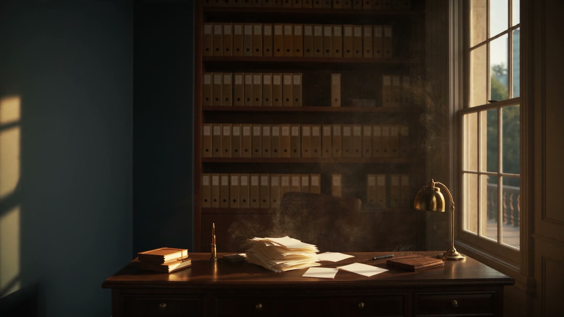 A complete, squared stack of application papers resting on a desk in warm light