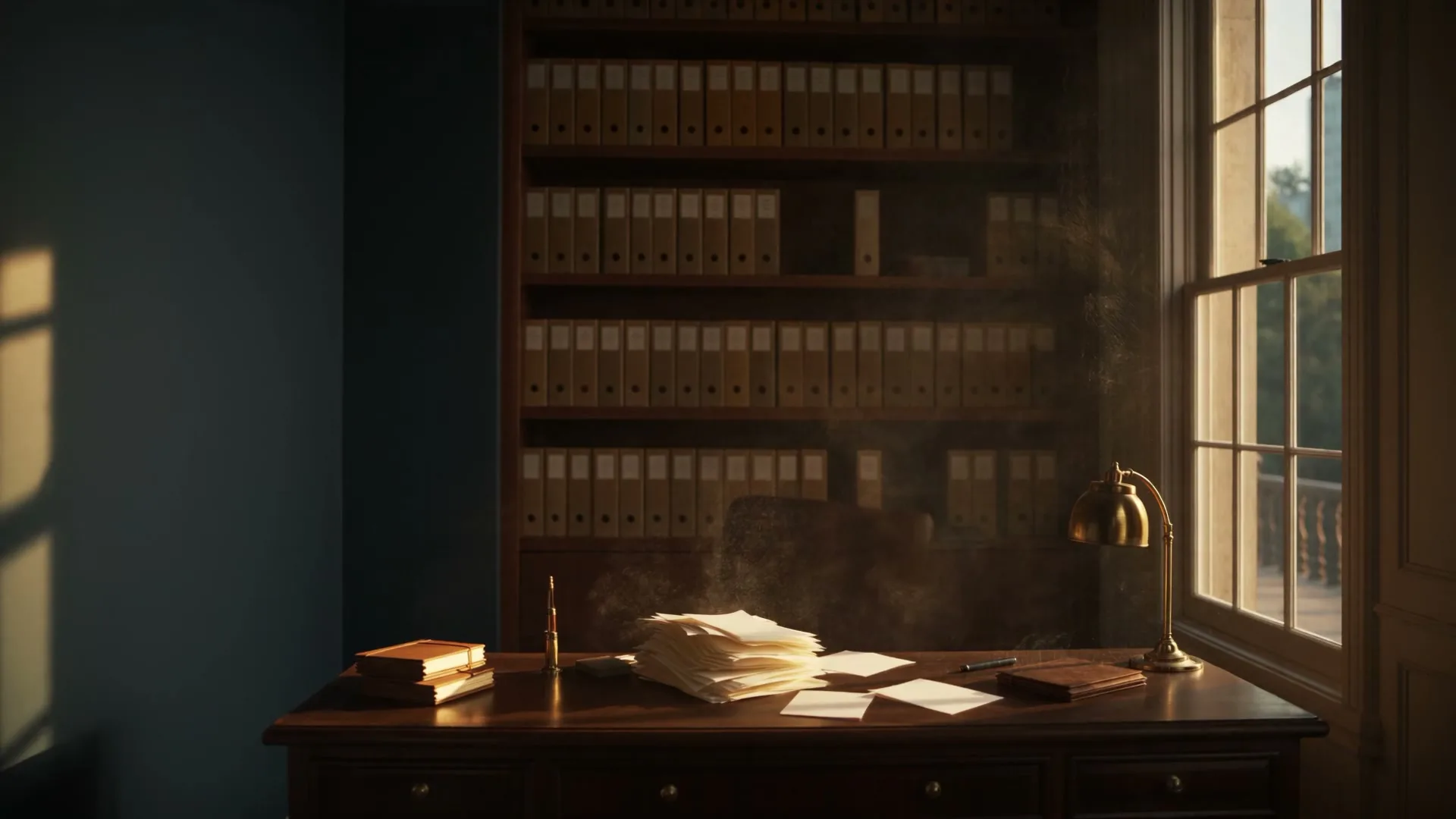A complete, squared stack of application papers resting on a desk in warm light