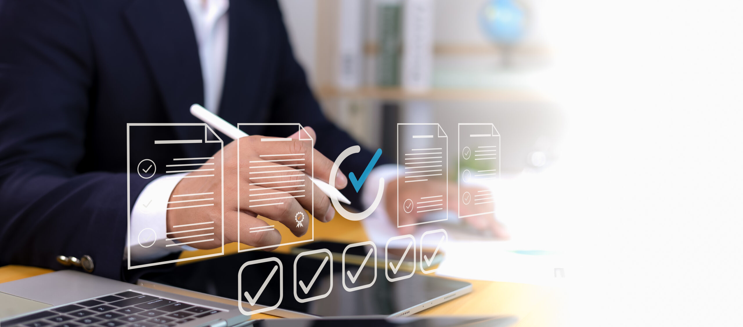 Permit approval digital concept with document icon, checkmark, and modern interface. Businessman in suit using digital pen for online approval application, compliance, and workflow management scenes. | Hellocare Consulting