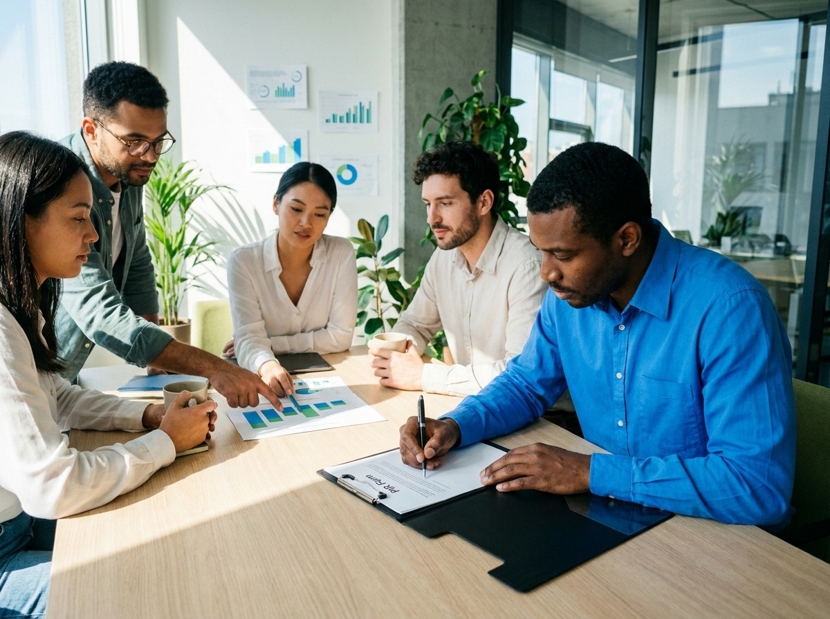 Five colleagues collaborate around a conference table, reviewing charts and notes in a bright office.