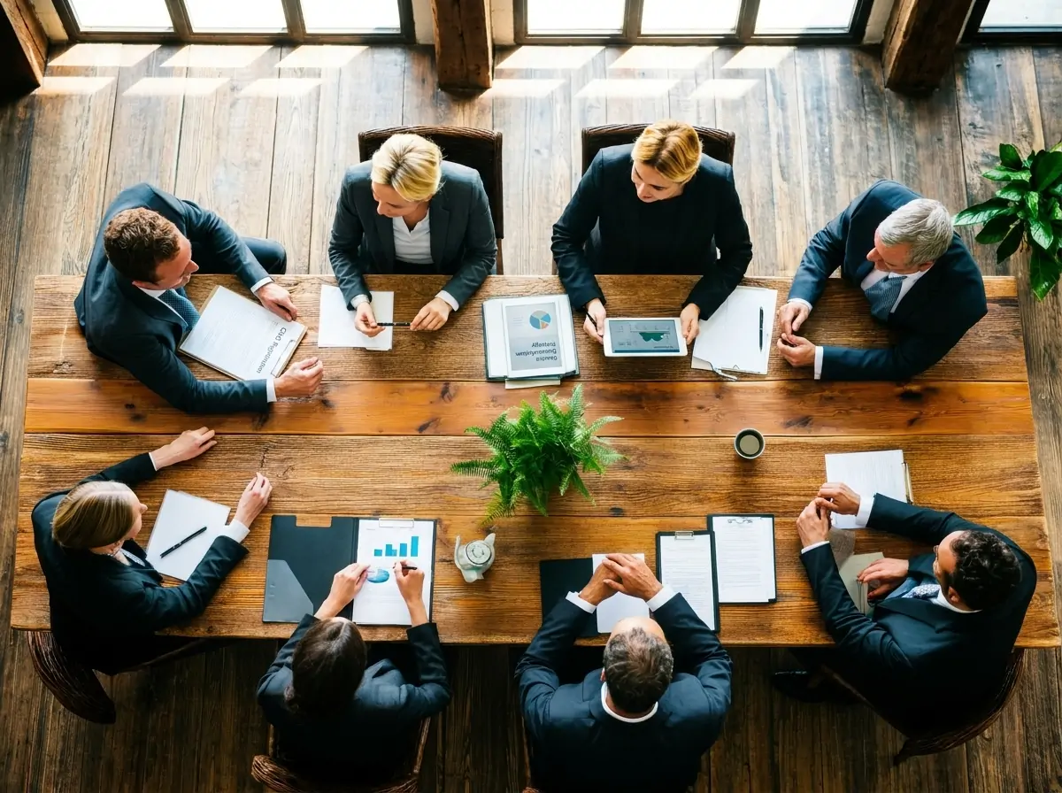 Eight professionals around a wooden conference table, reviewing charts and documents from a top-down view, during a meeting.