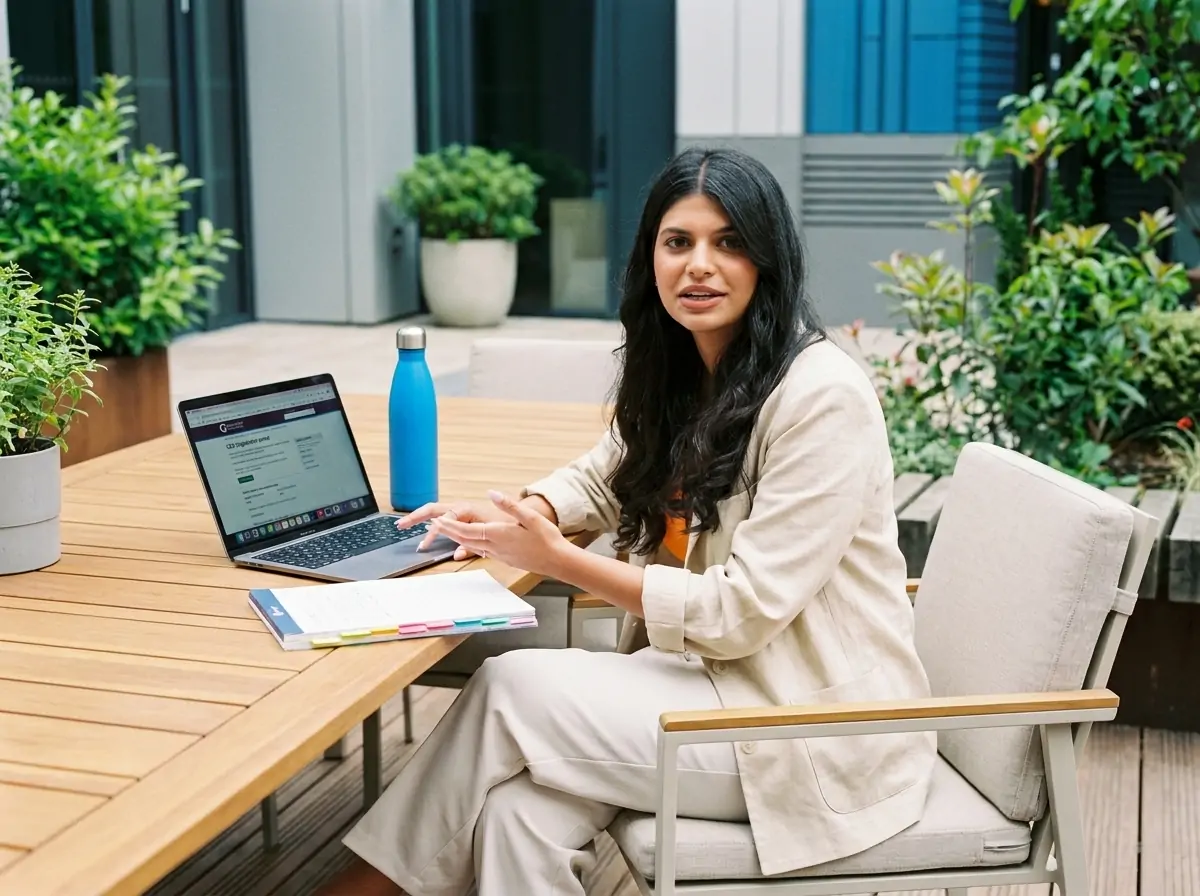 Woman seated at an outdoor wooden table with a laptop, notebook, and colorful sticky notes, looking at the camera.