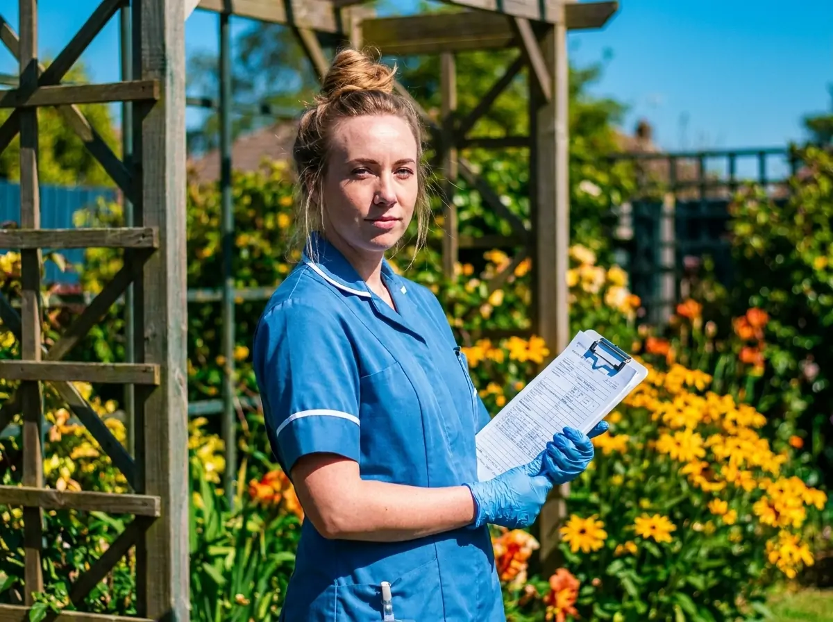 Healthcare worker in blue uniform and gloves holding a clipboard in a sunny garden with yellow flowers behind her.
