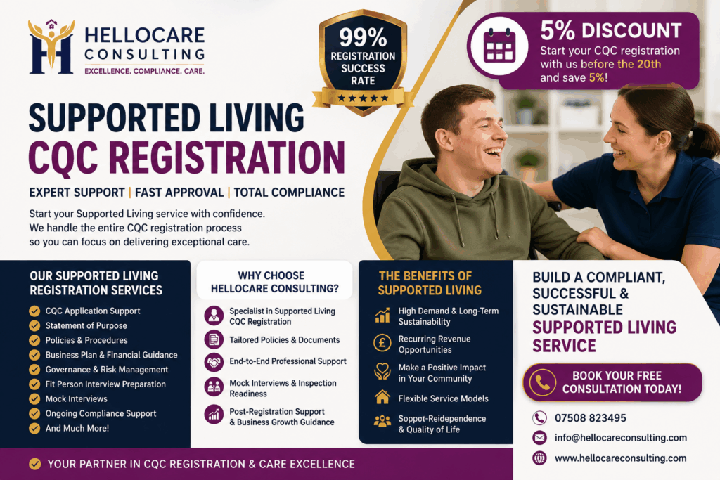 HelloCare Consulting banner: supported living CQC registration promotion with smiling client and caregiver on the right.