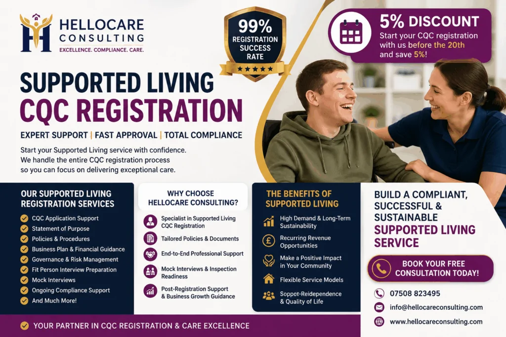 HelloCare Consulting banner: supported living CQC registration promotion with smiling client and caregiver on the right.