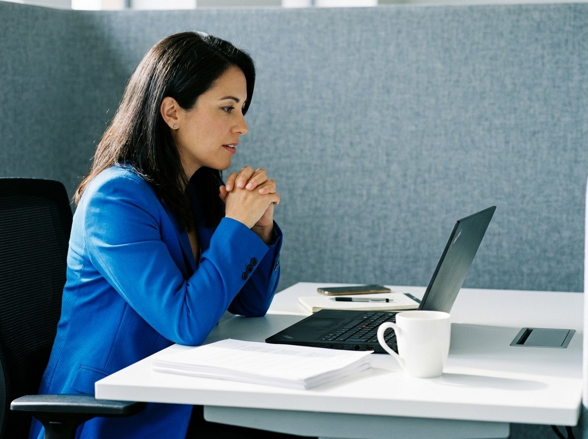 Professional woman in a blue blazer sits at a desk with a laptop, hands clasped in contemplation.