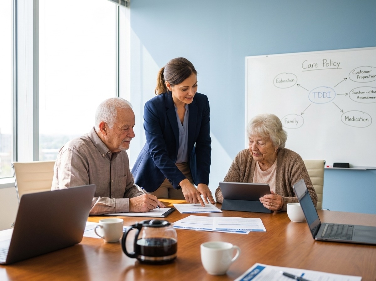 Facilitator in a blue blazer guides two seniors at a conference table reviewing documents with laptops nearby.