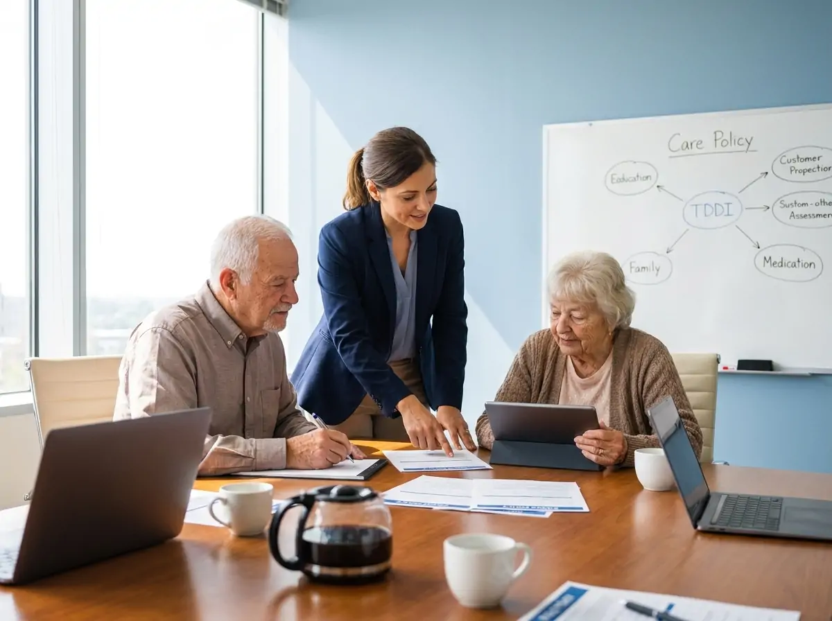 Facilitator in a blue blazer guides two seniors at a conference table reviewing documents with laptops nearby.