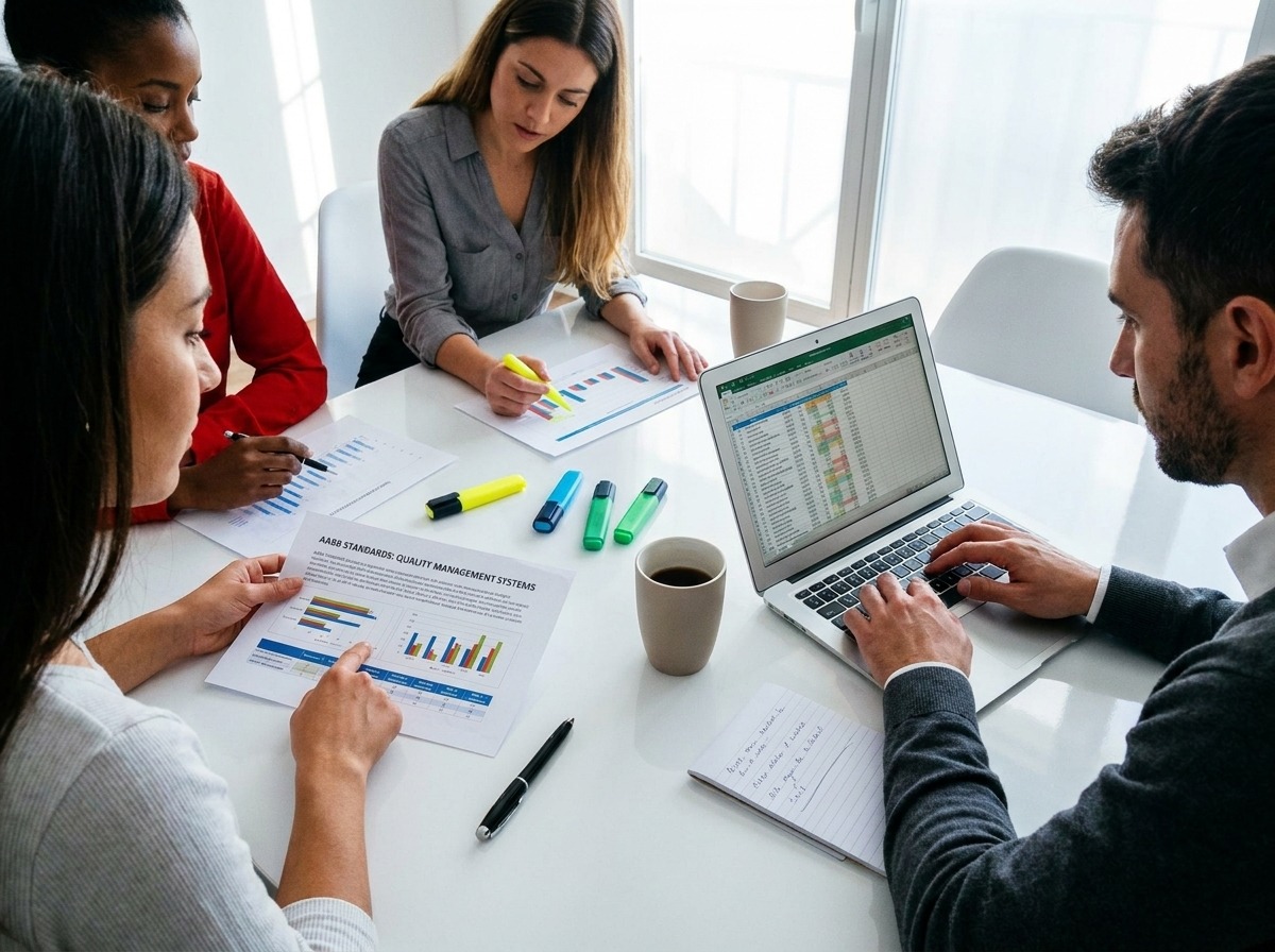 Team of four in a bright meeting room reviewing charts and graphs on papers and a laptop.