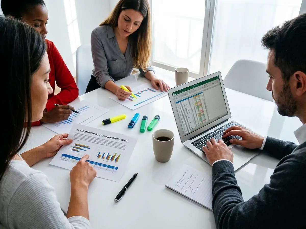 Team of four in a bright meeting room reviewing charts and graphs on papers and a laptop.