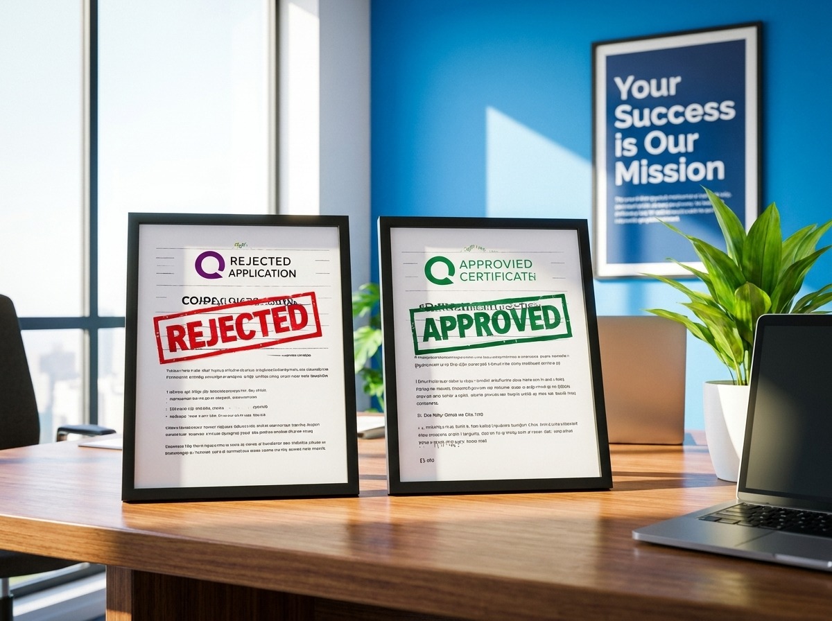 Two framed certificates on a wooden desk, one stamped REJECTED in red and the other APPROVED in green, with a blue wall and plant in the background.