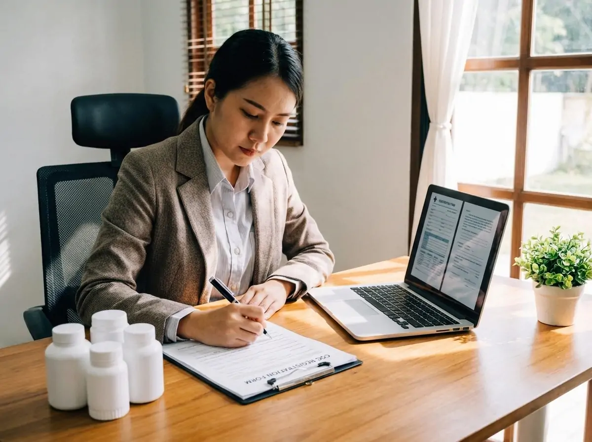 Professional woman in a beige blazer writes on a clipboard at a wooden desk, with a laptop, bottled supplies, and a plant nearby in a bright office.