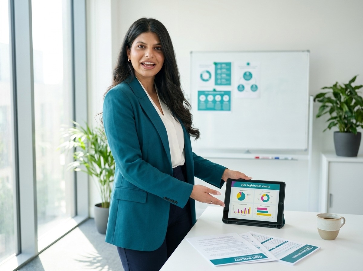 Businesswoman in a teal blazer shows a tablet with charts at a bright office desk.