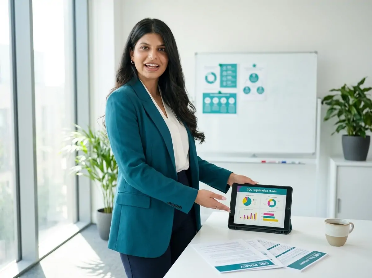 Businesswoman in a teal blazer shows a tablet with charts at a bright office desk.