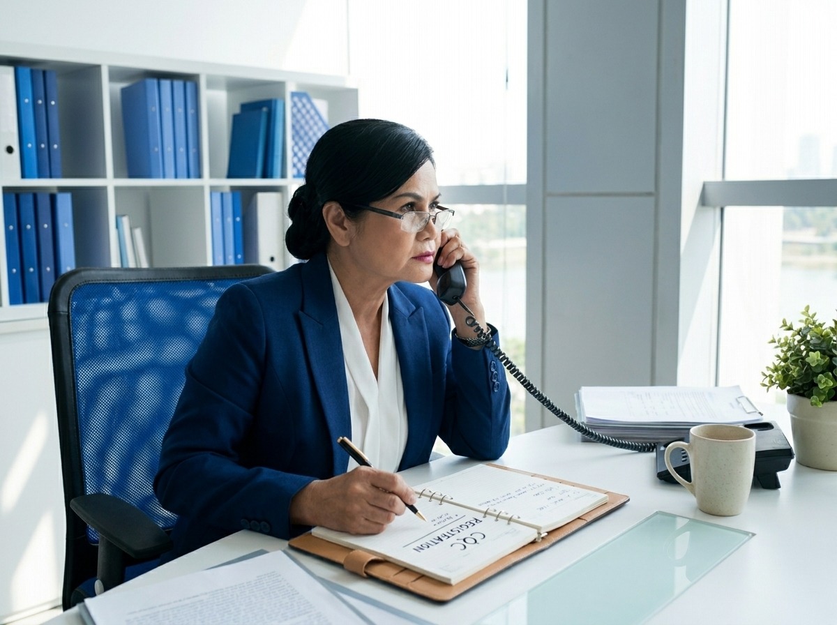 Businesswoman in a blue blazer speaks on a desk phone while taking notes in a bright office.