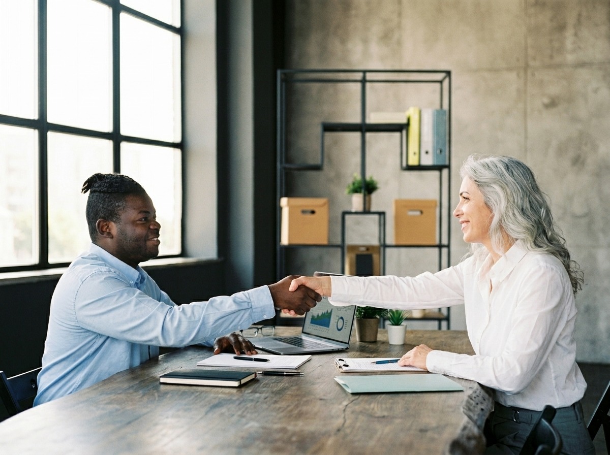 Two professionals shake hands across a wooden table in a modern office, signaling a business agreement or collaboration.