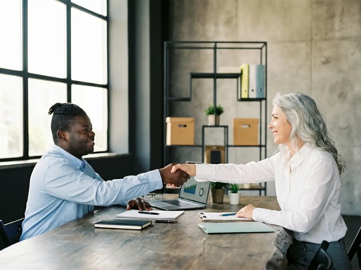 Two professionals shake hands across a wooden table in a modern office, signaling a business agreement or collaboration.