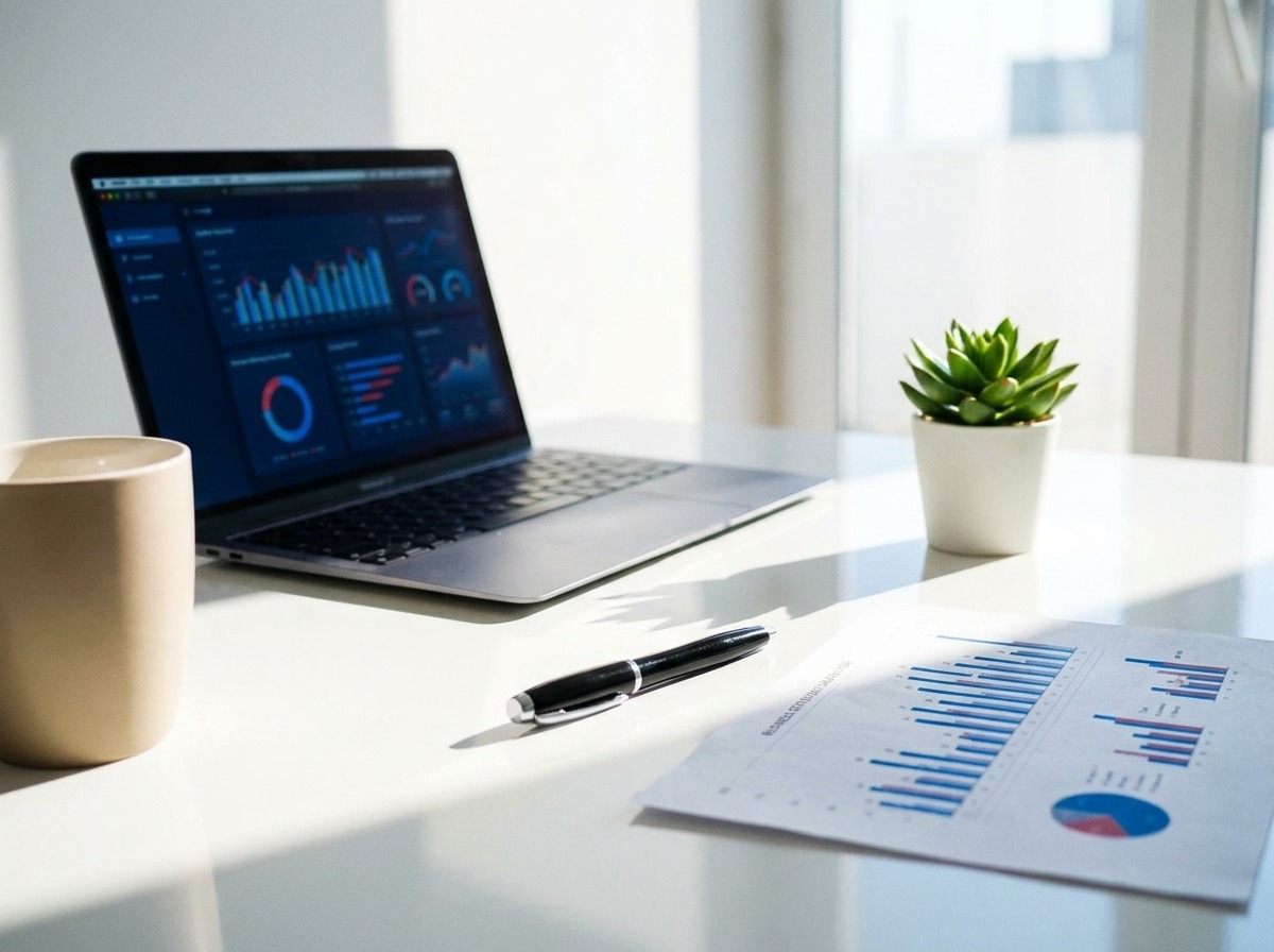 Desk with an open laptop showing data dashboards, a pen, a printed chart sheet, a beige mug, and a small potted succulent on a white table.