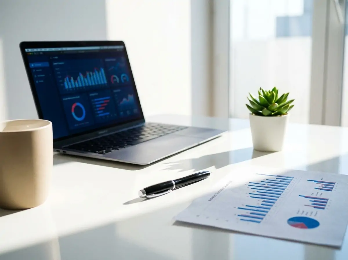 Desk setup with a laptop displaying data charts, a pen, printed graphs on the desk, a beige mug, and a small potted succulent by a sunlit window.
