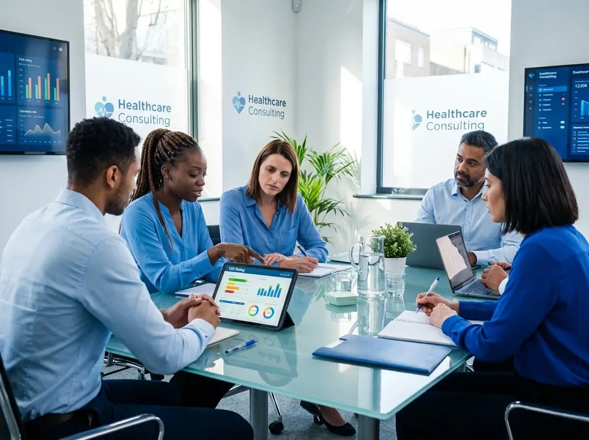 Team of diverse professionals in a healthcare consulting meeting around a glass table with laptops and charts, banners say 'Healthcare Consulting'.