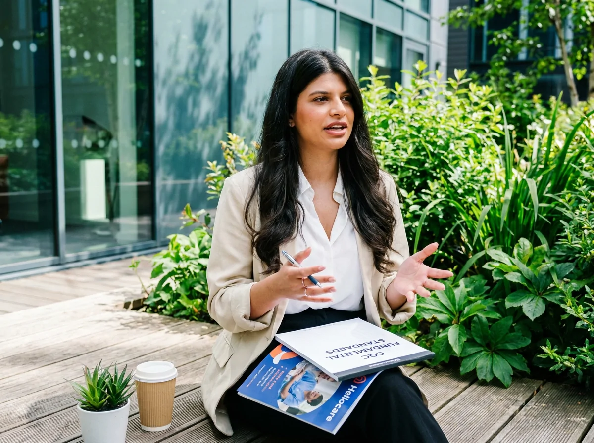 Woman in a beige blazer speaks while gesturing, seated on a wooden deck with brochures and a coffee cup beside her.