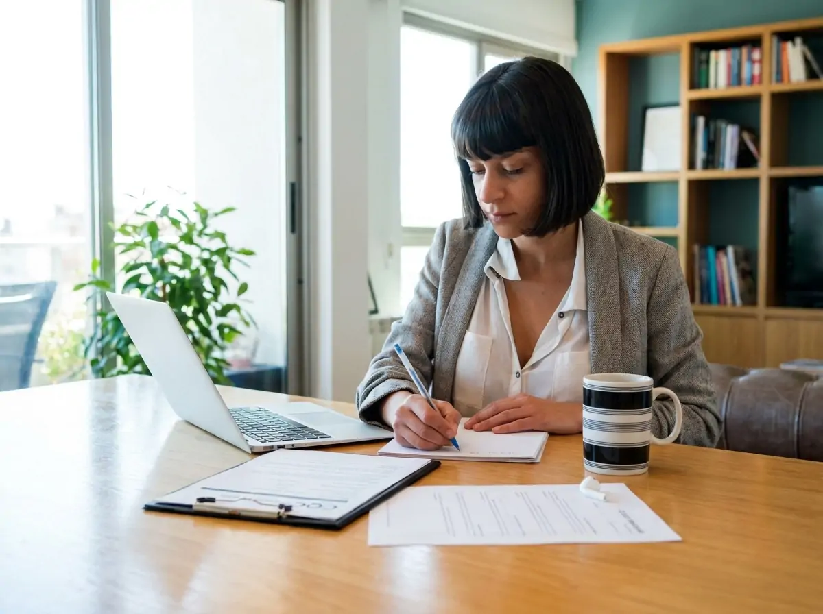 Woman in a gray blazer writes in a notebook at a sunny home/office desk, with a laptop and striped mug nearby.