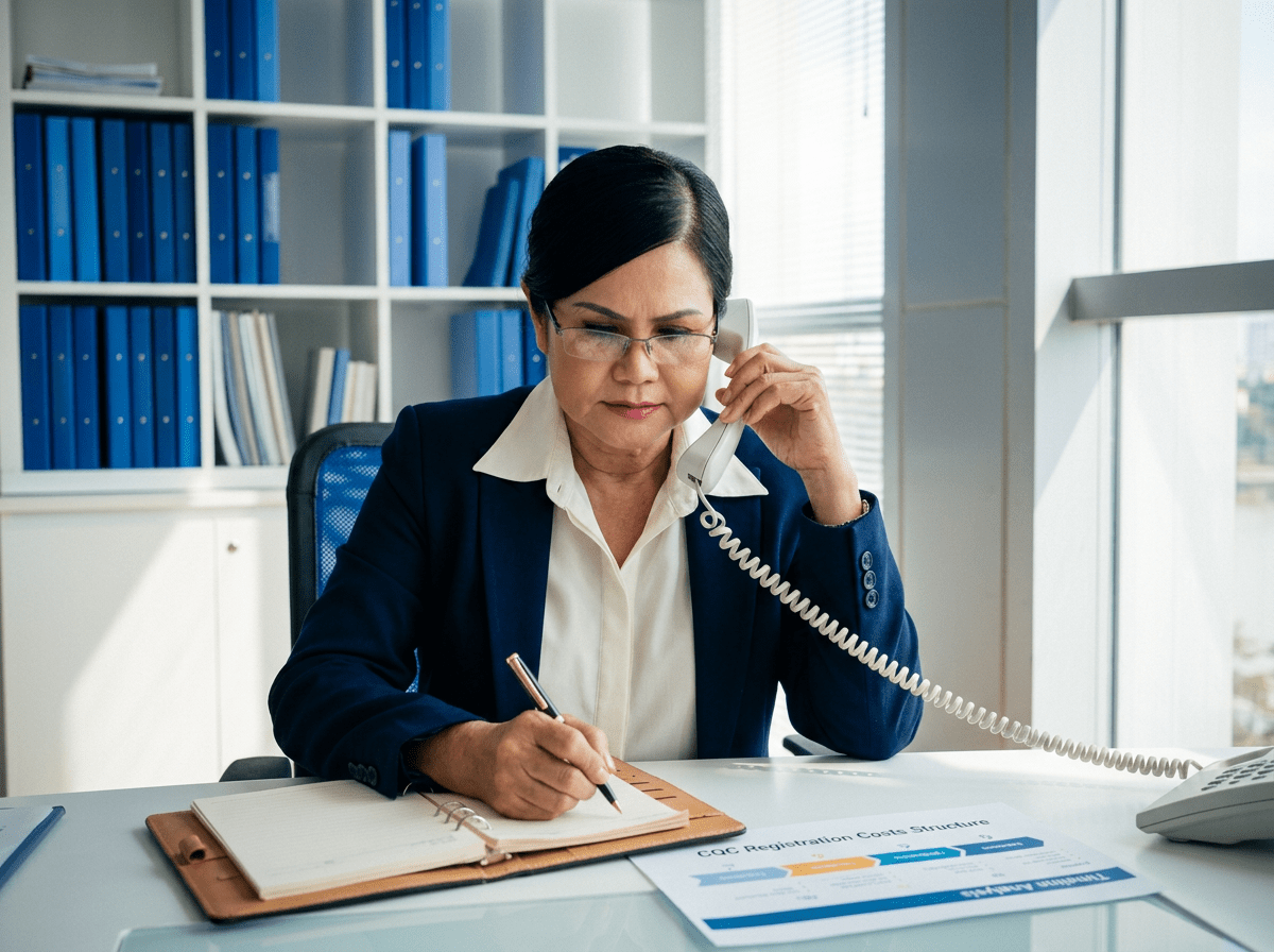 Professional woman on a corded phone writes in a notebook at her desk, with blue binders behind her in an office setting.