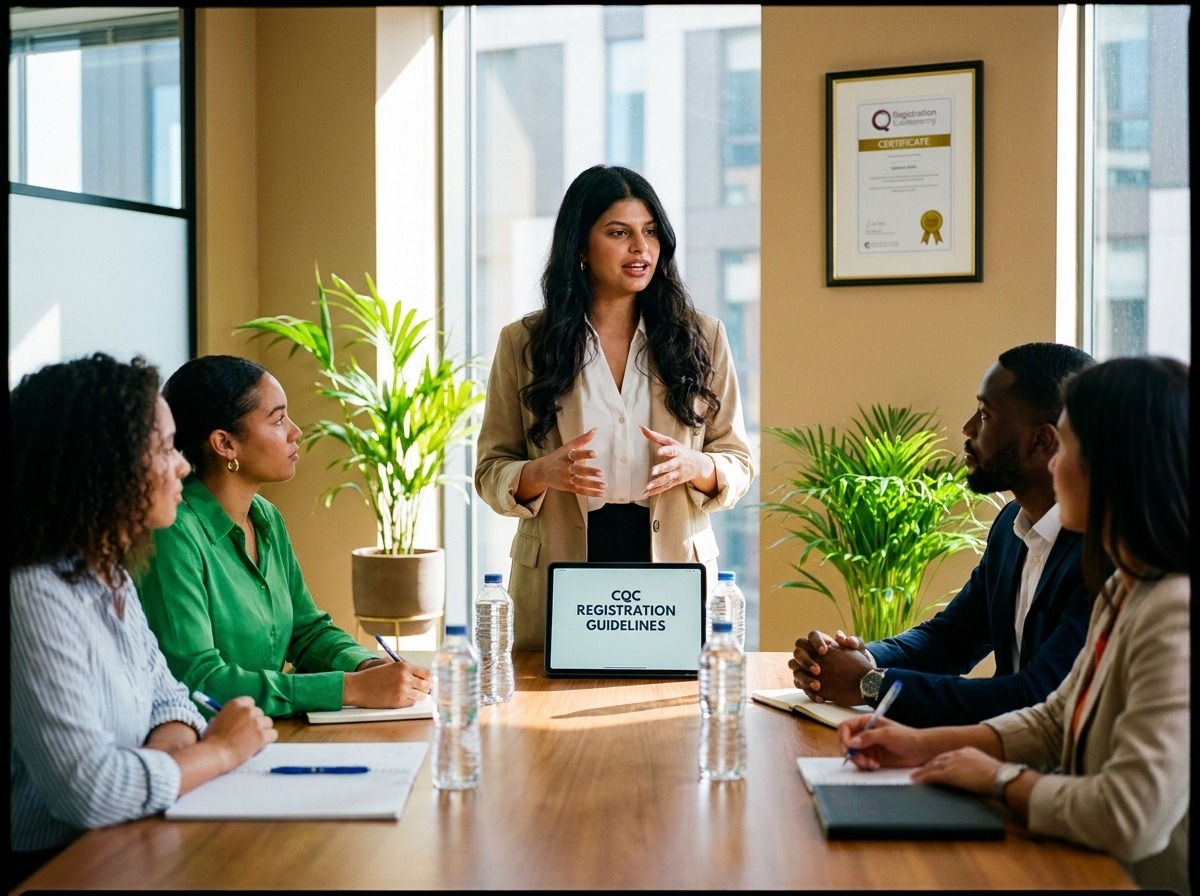 Woman stands and presents a briefing on CQC registration guidelines to a diverse meeting group in a sunlit conference room with plants and a certificate on the wall.