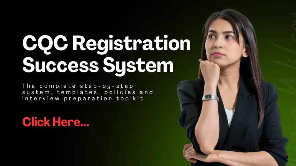 Promotional banner for the CQC Registration Success System, with bold white headline on the left and a thoughtful woman in a blazer on the right, and a red 'Click Here…' call to action on a black-to-green gradient background.
