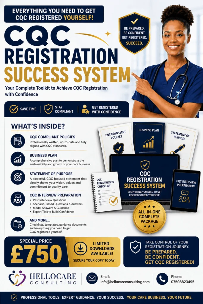 CRSS2026 | Hellocare Consulting Poster for CQC Registration Success System featuring a smiling nurse on the right and bold headlines; promotes a complete toolkit for CQC registration with a premium package and contact info at the bottom.