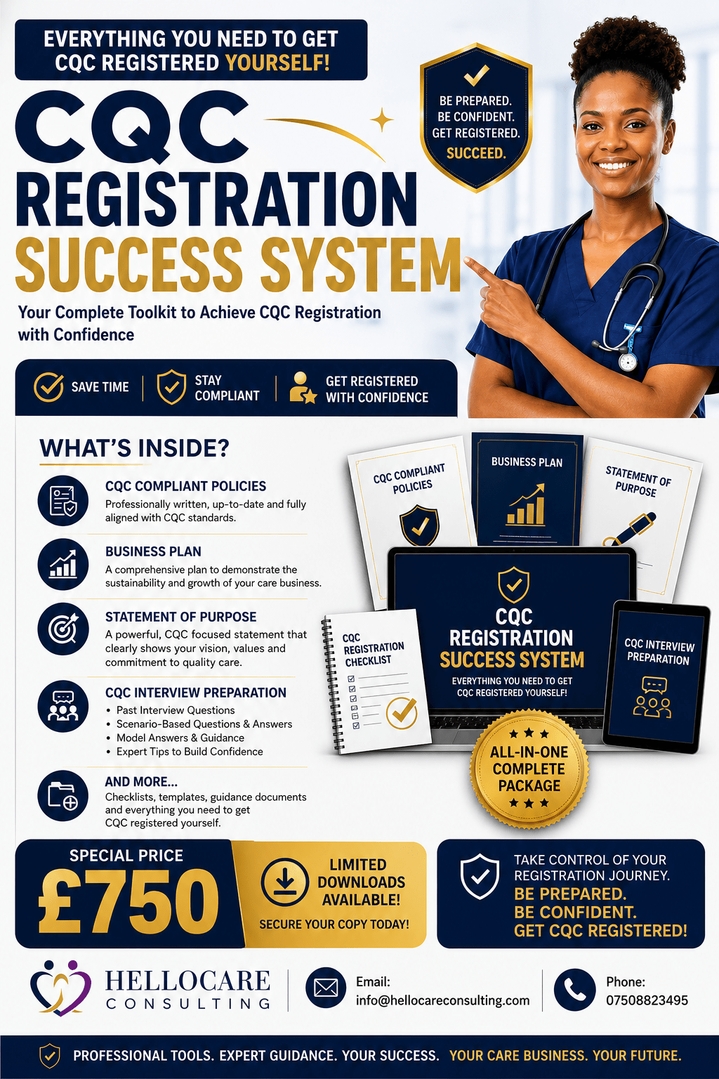 Poster for CQC Registration Success System featuring a smiling nurse on the right and bold headlines; promotes a complete toolkit for CQC registration with a premium package and contact info at the bottom.