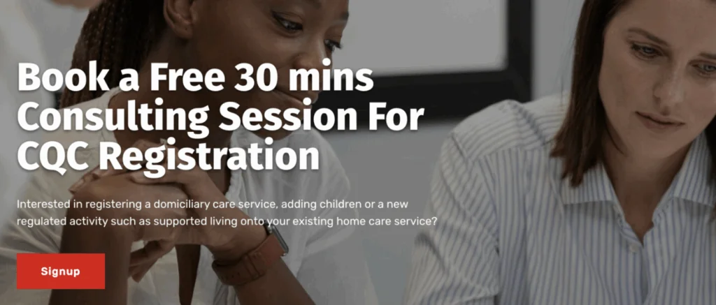 Screenshot 2026-06-02 at 073305 | Hellocare Consulting Hero banner offering a free 30-minute consulting session for CQC registration, with two professionals and a red Sign up button.
