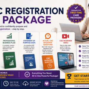 CQC Registration Full Package | Hellocare Consulting Promotional banner for CQC Registration DIY Package showing five feature cards and a woman using a laptop on a bright background.