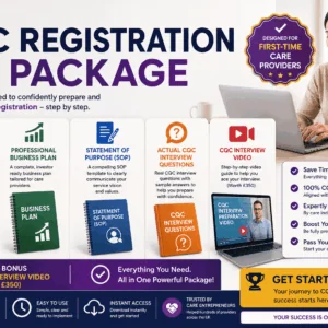 Promotional banner for CQC Registration DIY Package showing five feature cards and a woman using a laptop on a bright background.