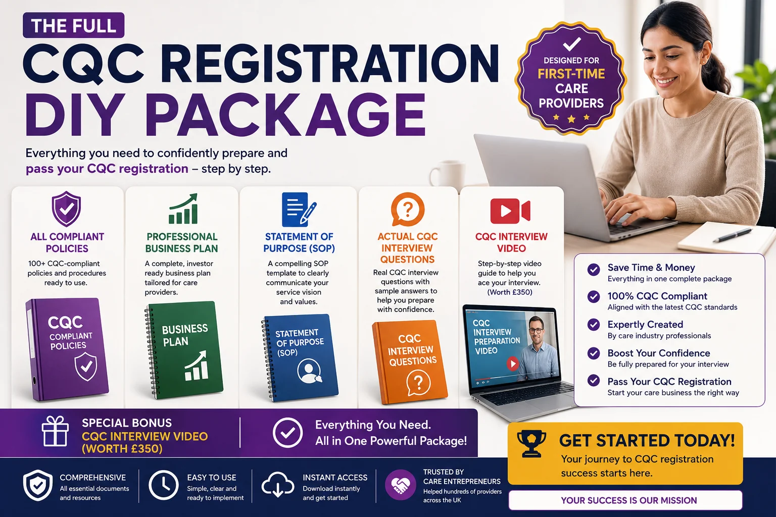 CQC Registration Full Package | Hellocare Consulting Promotional banner for CQC Registration DIY Package showing five feature cards and a woman using a laptop on a bright background.