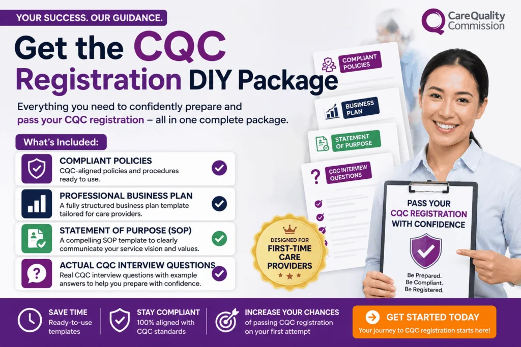 Promotional infographic for the CQC Registration DIY Package, listing included items beside a smiling woman holding a clipboard.