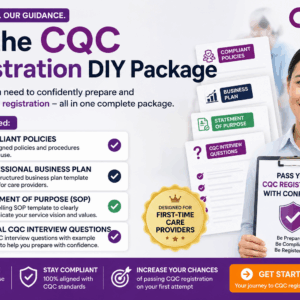 CQCRegistrationPack | Hellocare Consulting Promotional infographic for the CQC Registration DIY Package, listing included items beside a smiling woman holding a clipboard.