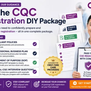CQCRegistrationPack | Hellocare Consulting Promotional infographic for the CQC Registration DIY Package, listing included items beside a smiling woman holding a clipboard.