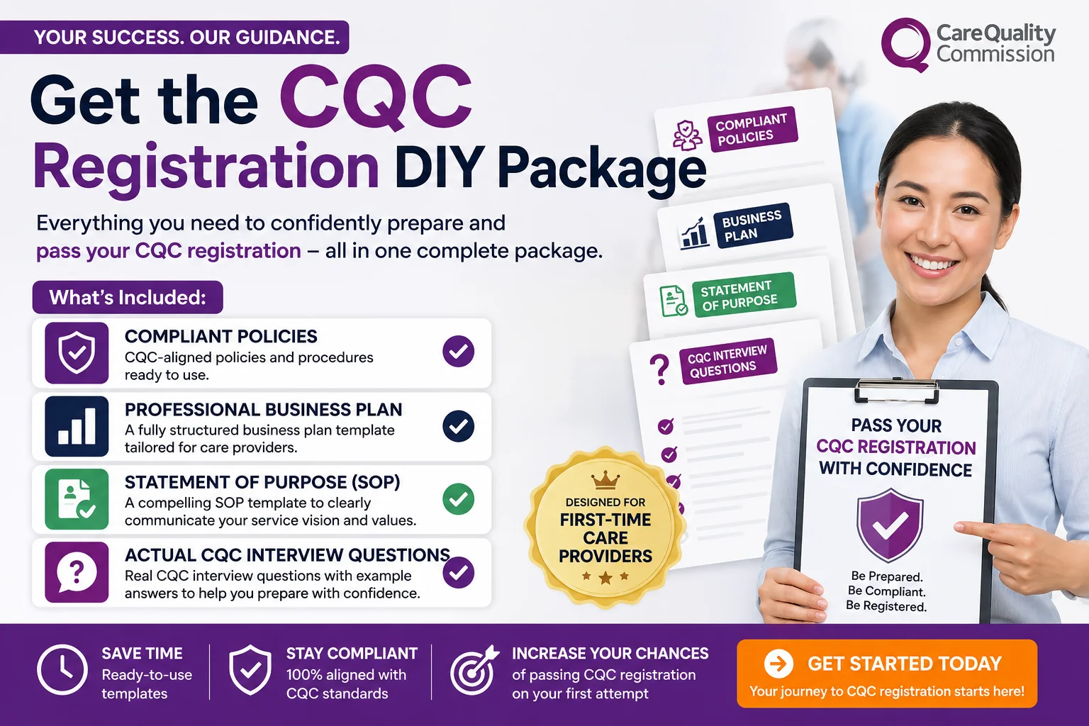 CQCRegistrationPack | Hellocare Consulting Promotional infographic for the CQC Registration DIY Package, listing included items beside a smiling woman holding a clipboard.