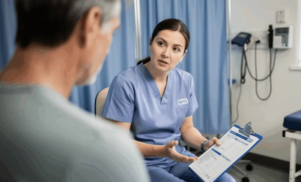 Screenshot 2026-07-09 at 203324 | Hellocare Consulting Nurse in blue NHS scrubs explains care to a patient while holding a clipboard in a clinical room.